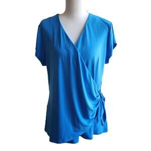 Tahari Teal Faux Wrap Stretch Side Tie Blouse XL